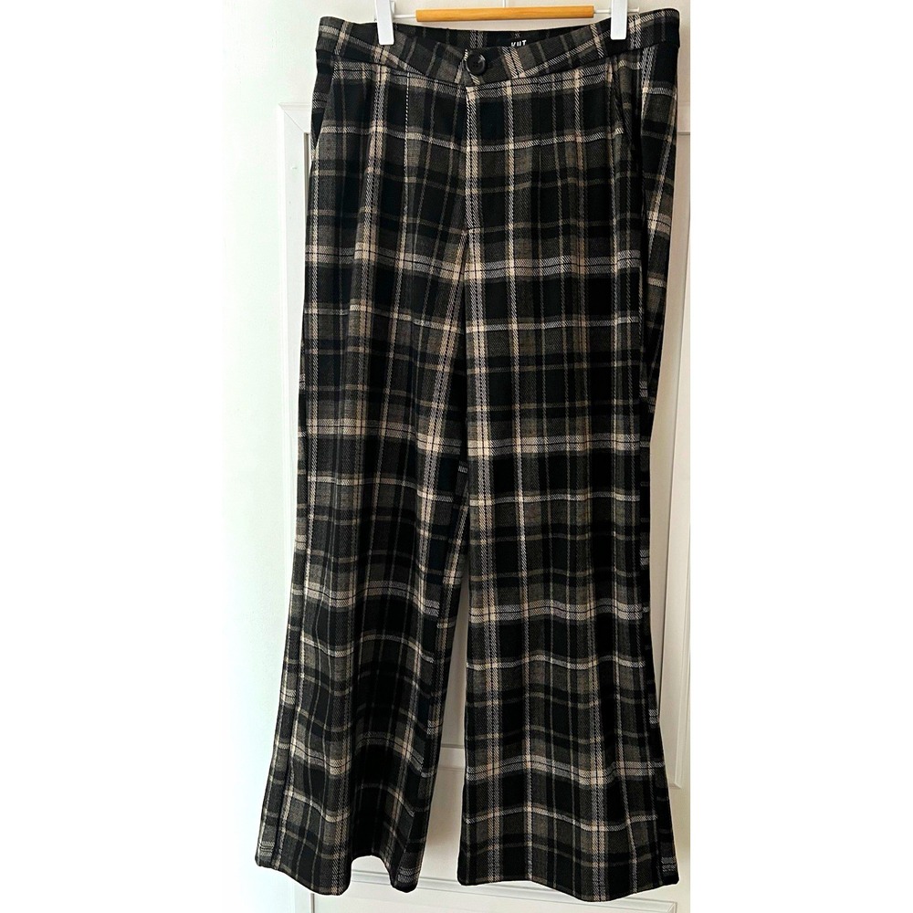 KUT from the Kloth Meg Wide Leg Plaid Twill Pants Black Gray 8
